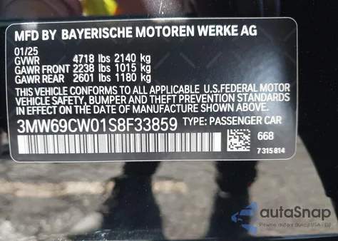 2025 BMW 330I z USA, uszkodzony, nr VIN 3MW69CW01S8F33859